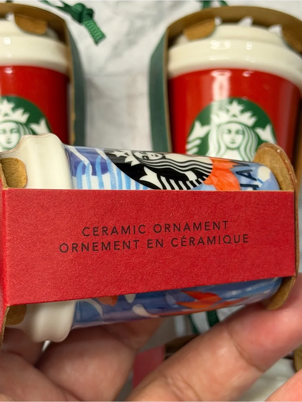 Set of 4 Starbucks Red and Blue Hawaii Ceramic Cup Ornaments 2015 & 2016